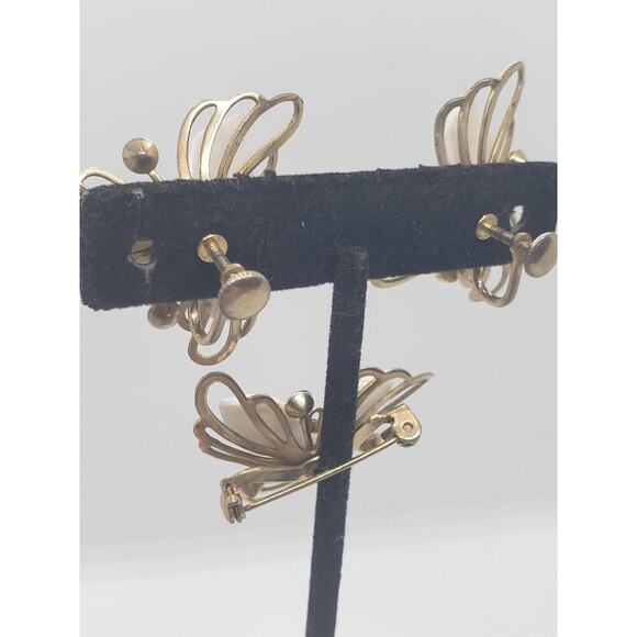 Vintage Floral Thermoset Rhinestone Brooch & Clip On Earrings Set 1950s - Picture 6 of 14